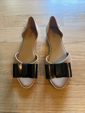Melissa Beige D'Orsay Flats with Black Bow